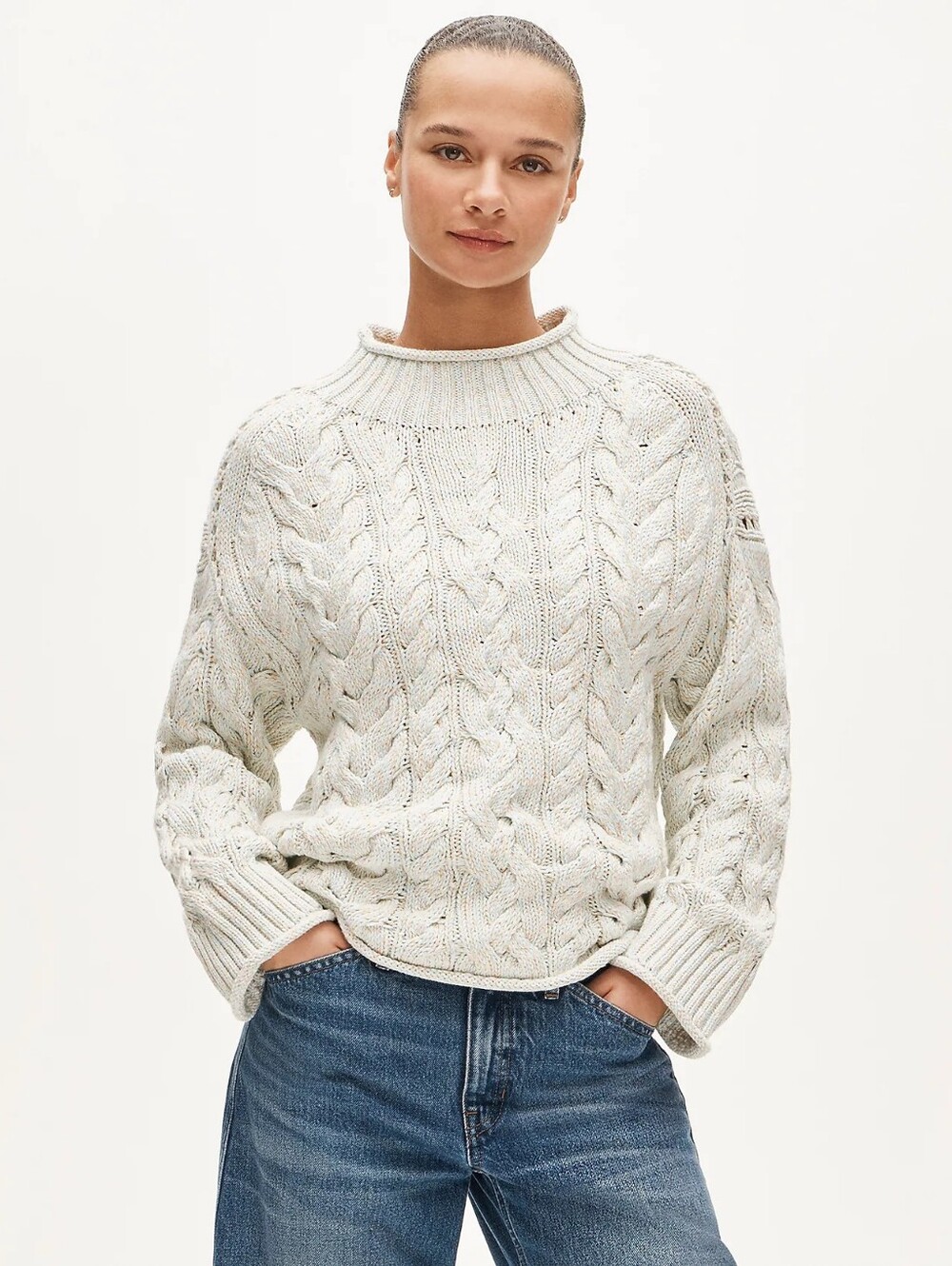 J. Crew 2025 Rollneck Sweater Cable Knit Marl Skies Ivory Nectar 100% Cotton XS